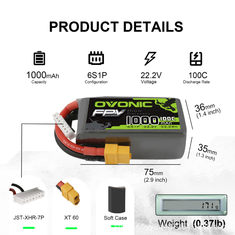 2Pcs OVONIC 1000mAh 100C 22.2V - đánh giá và giá Drone Carrera Rc